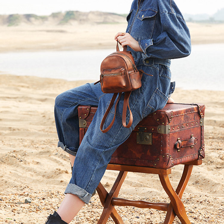 Cute Womens Mini  Brown Small Leather Backpack Bag Purses for Women