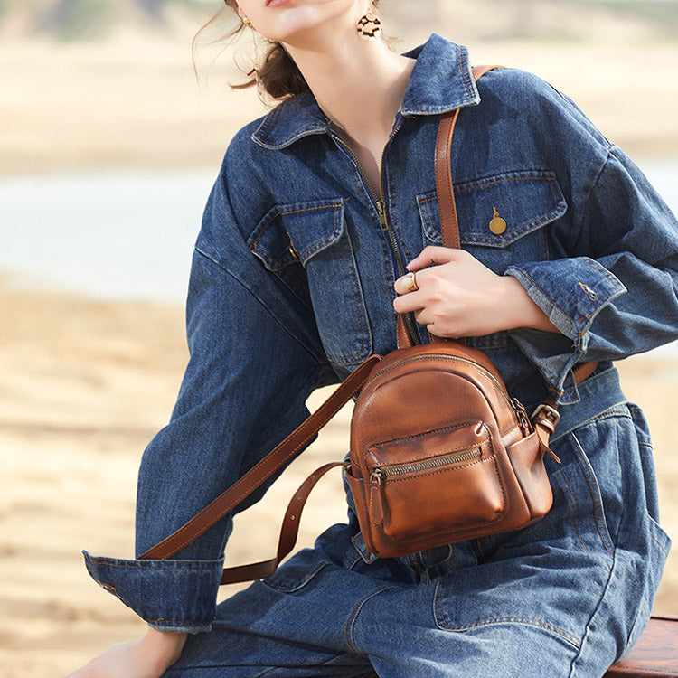 Cute Womens Mini  Brown Small Leather Backpack Bag Purses for Women