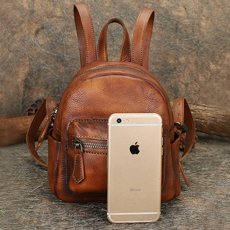Cute Womens Mini  Brown Small Leather Backpack Bag Purses for Women
