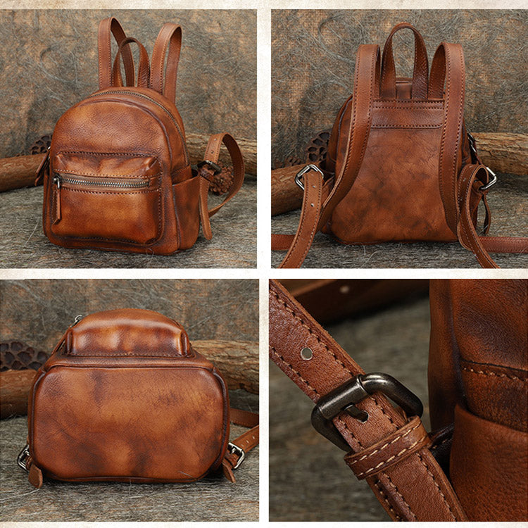Cute Womens Mini  Brown Small Leather Backpack Bag Purses for Women
