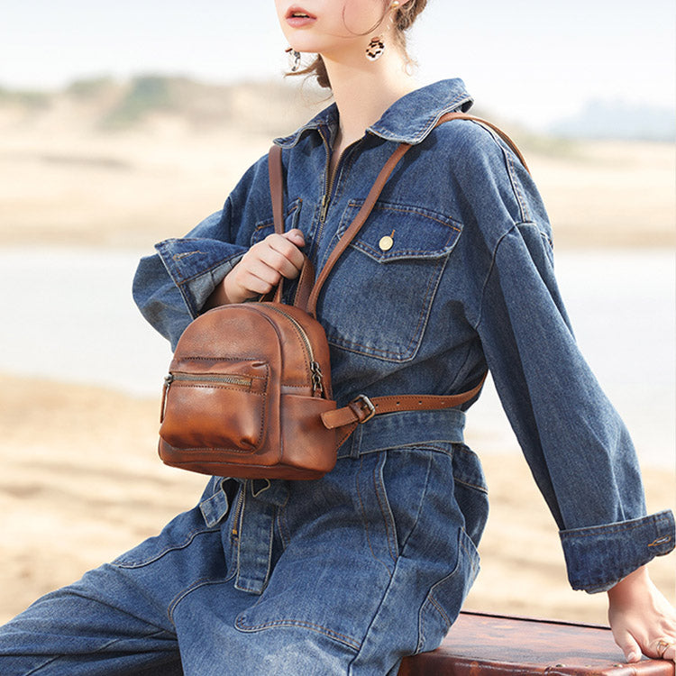 Cute Womens Mini  Brown Small Leather Backpack Bag Purses for Women