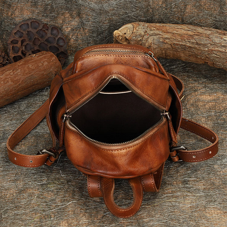 Cute Womens Mini  Brown Small Leather Backpack Bag Purses for Women