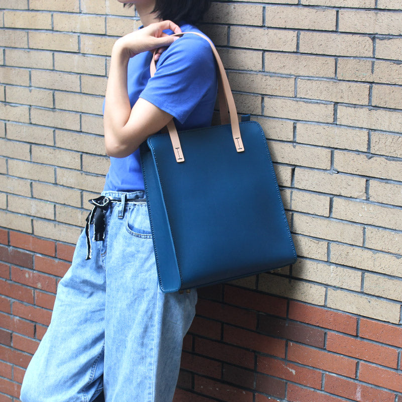 Minimalist Haze Blue Leather Shoulder Tote Bags Purse for Women