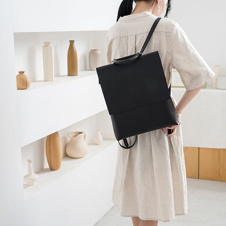 Minimalist Womens Square Leather Zip Backpack Purse Rucksack for Women