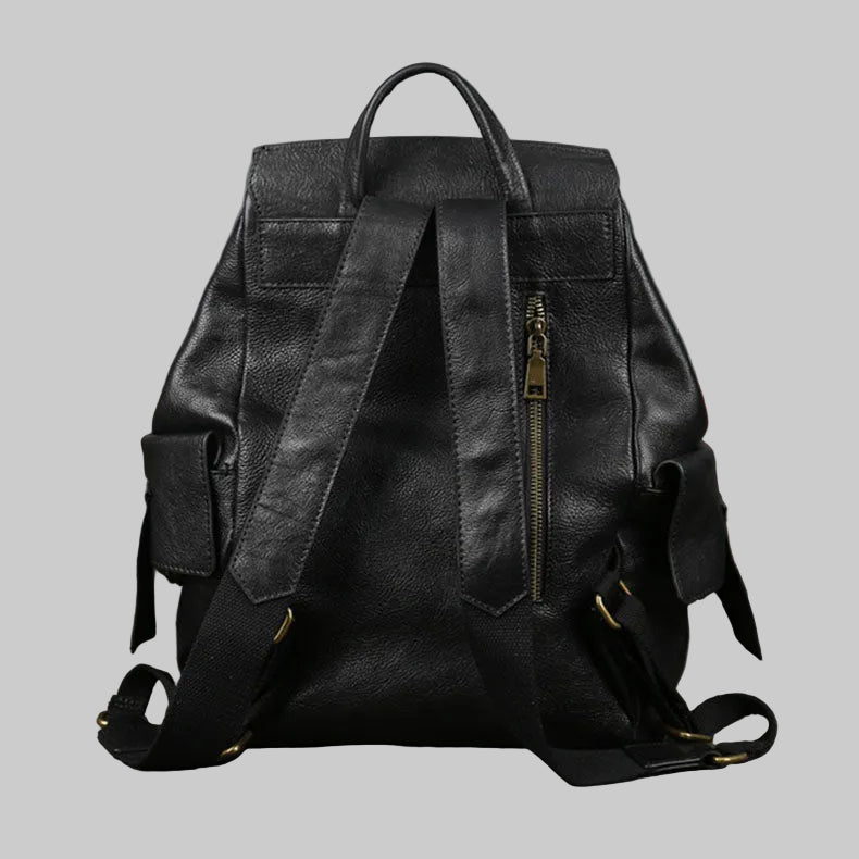 Minimalist Large Capacity Flap Black Top Grain Leather Backpack