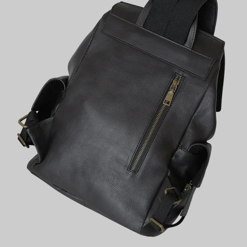 A black faux-leather backpack with brass zipper pulls, shown at an angle on a solid gray background.
