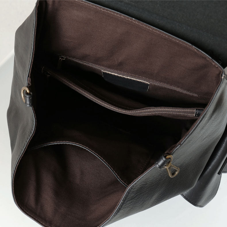 Minimalist Large Capacity Flap Black Top Grain Leather Backpack