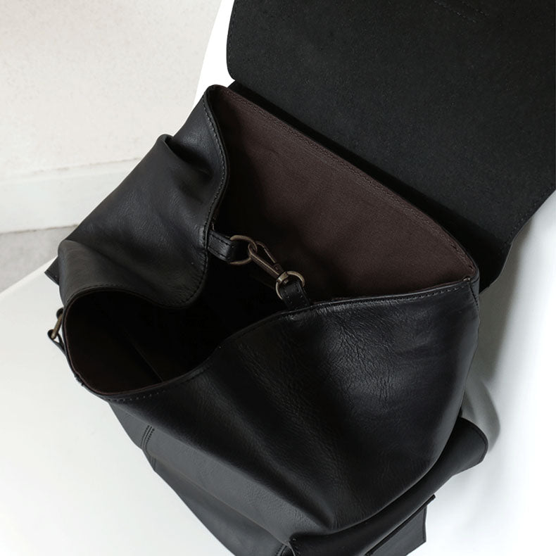 Minimalist Large Capacity Flap Black Top Grain Leather Backpack