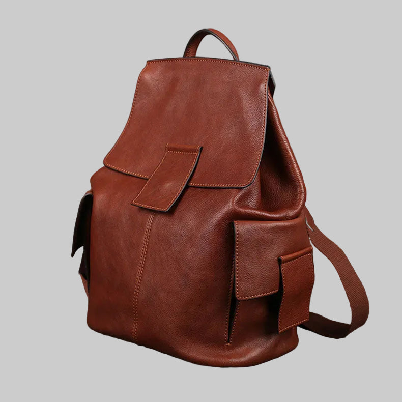 Minimalist Large Capacity Flap Black Top Grain Leather Backpack