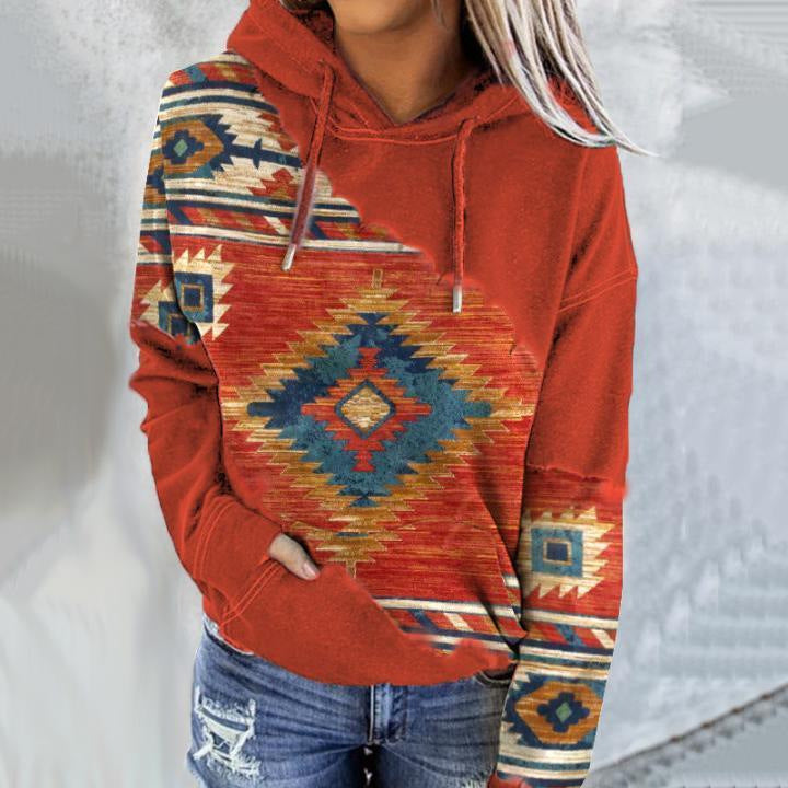 Retro Print Pocket Long Sleeved Hoodie