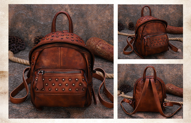 Small Rivets Leather Backpack Purse for Women