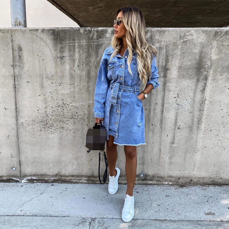 Blue Long Sleeve Buttons Down Denim Dress