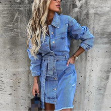 Load image into Gallery viewer, Blue Long Sleeve Buttons Down Denim Dress
