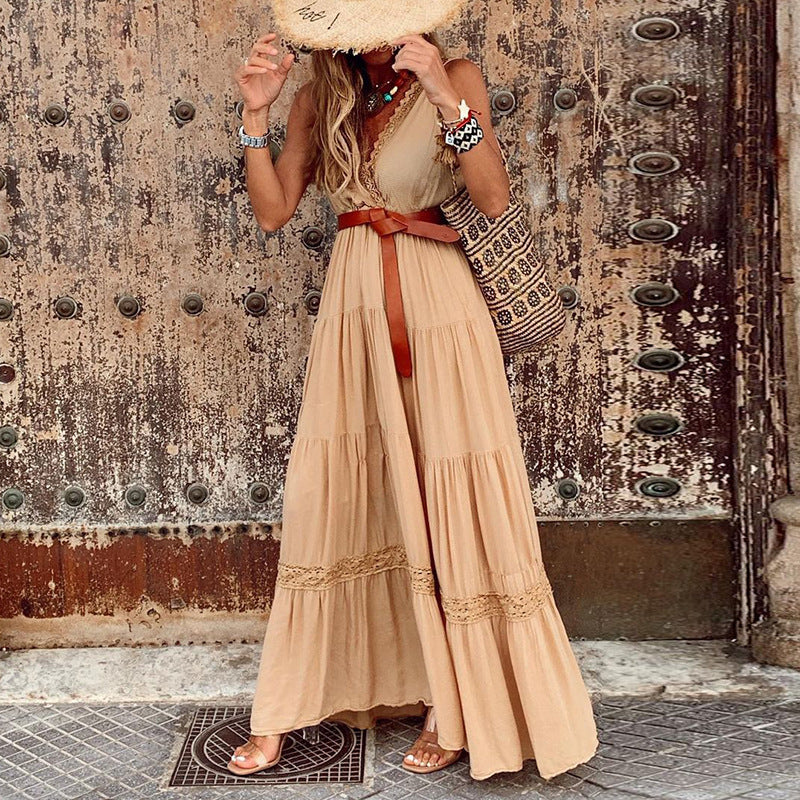 Boho Lace Trimmed Tiered Maxi Dress