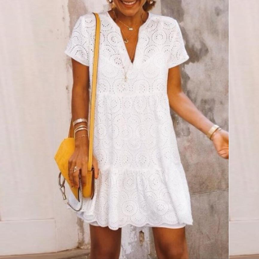 White Short Sleeve Lace Mini Dress