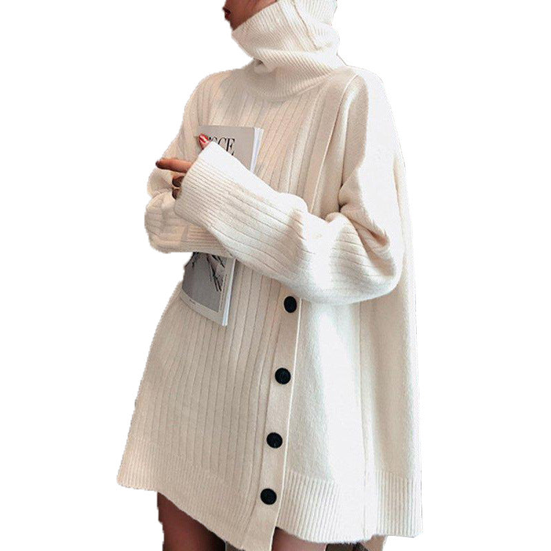 White High Neck Buttons Sweater