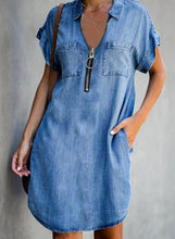 Load image into Gallery viewer, Blue Collar Short Sleeve Zipper Denim Mini Dress
