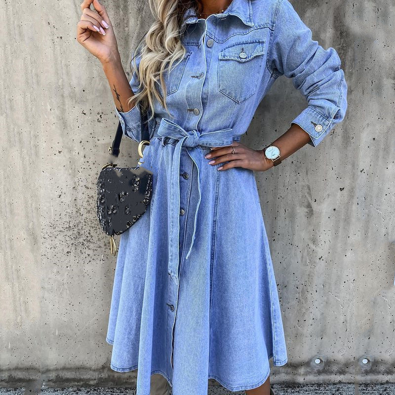 Blue Collar Long Sleeve Buttons Denim Dress
