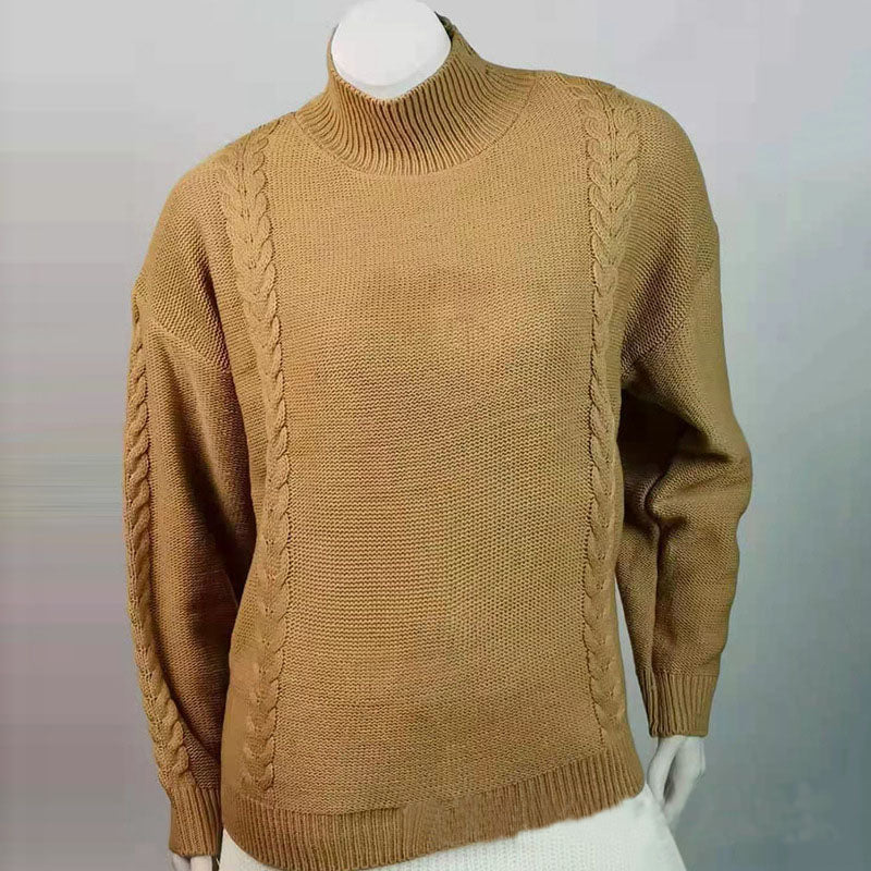 Brown High Neck Cable Sweater