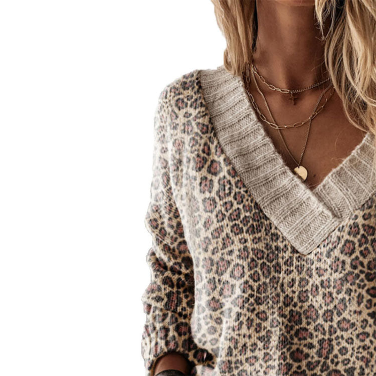 Brown Leopard V-neck Long Sleeve Sweater