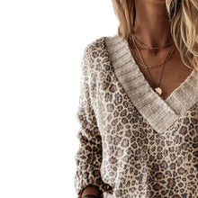 Load image into Gallery viewer, Brown Leopard V-neck Long Sleeve Sweater
