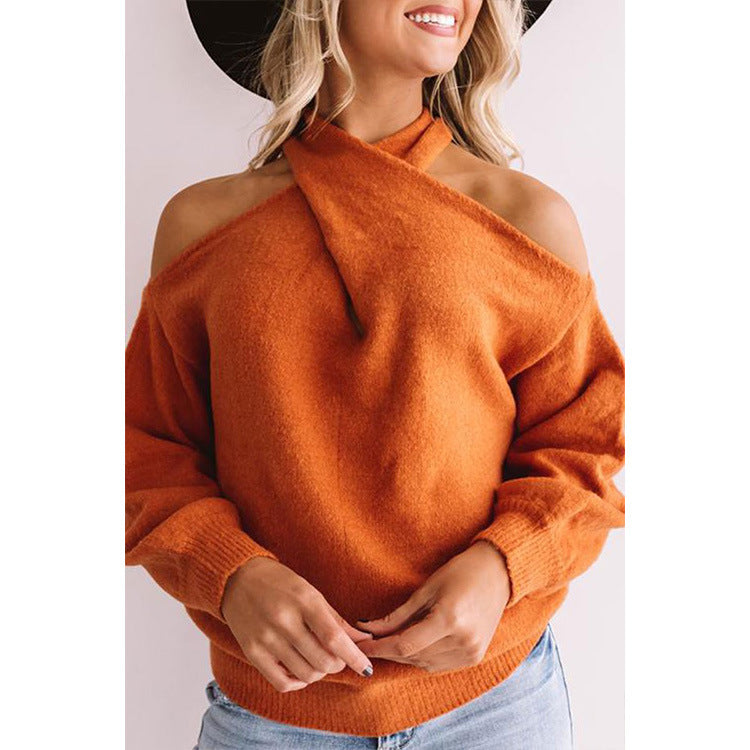 Orange Halter Cold Shoulder Long Sleeve Sweater