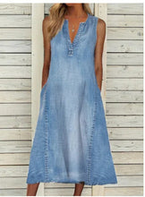 Load image into Gallery viewer, Notched Sleeveless Pockets Midi Denim Dress
