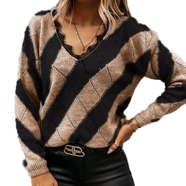 Color Block Lace Trimmed Sweater