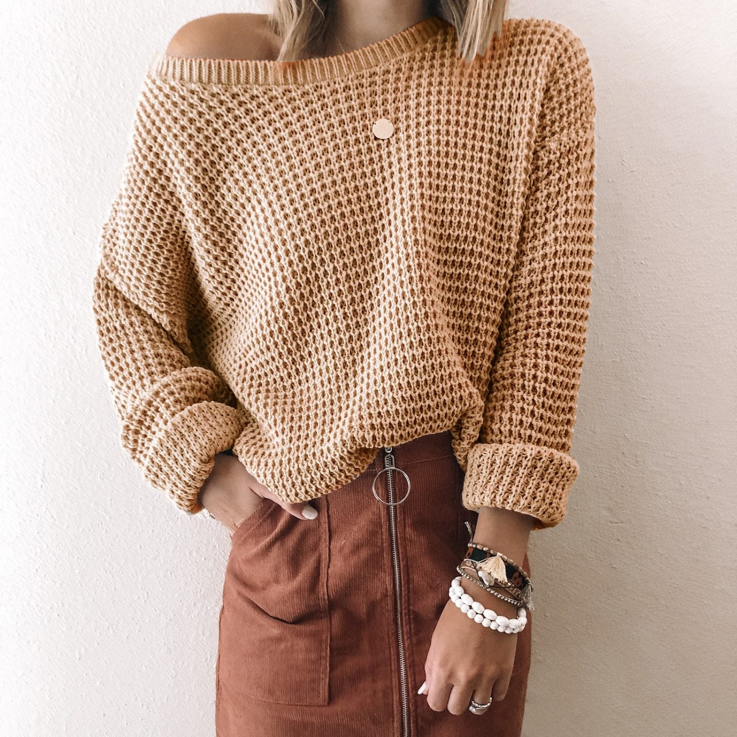 Beige Cold Shoulder Long Sleeve Sweater