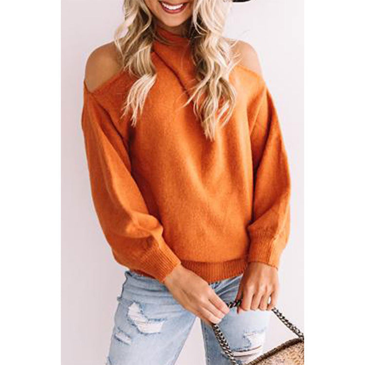 Orange Halter Cold Shoulder Long Sleeve Sweater