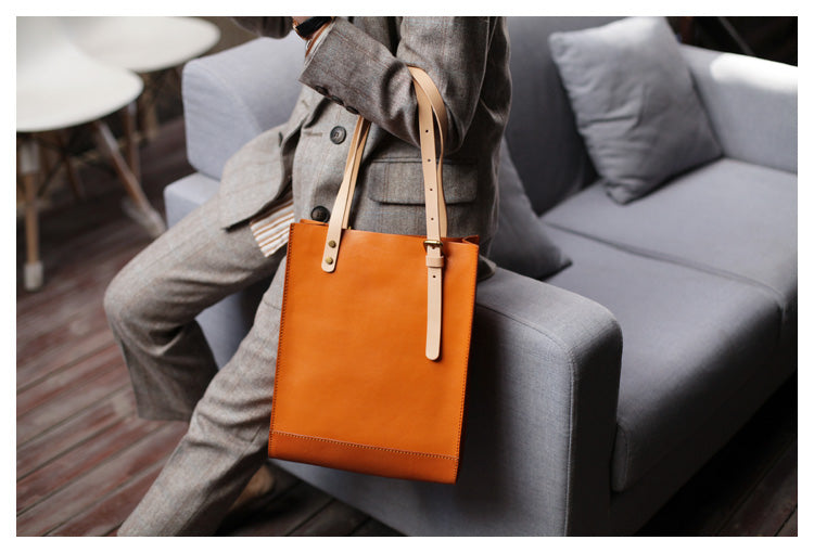 Minimalist Medium Brown Leather Tote Handbags Shoulder Tote Bags for Women