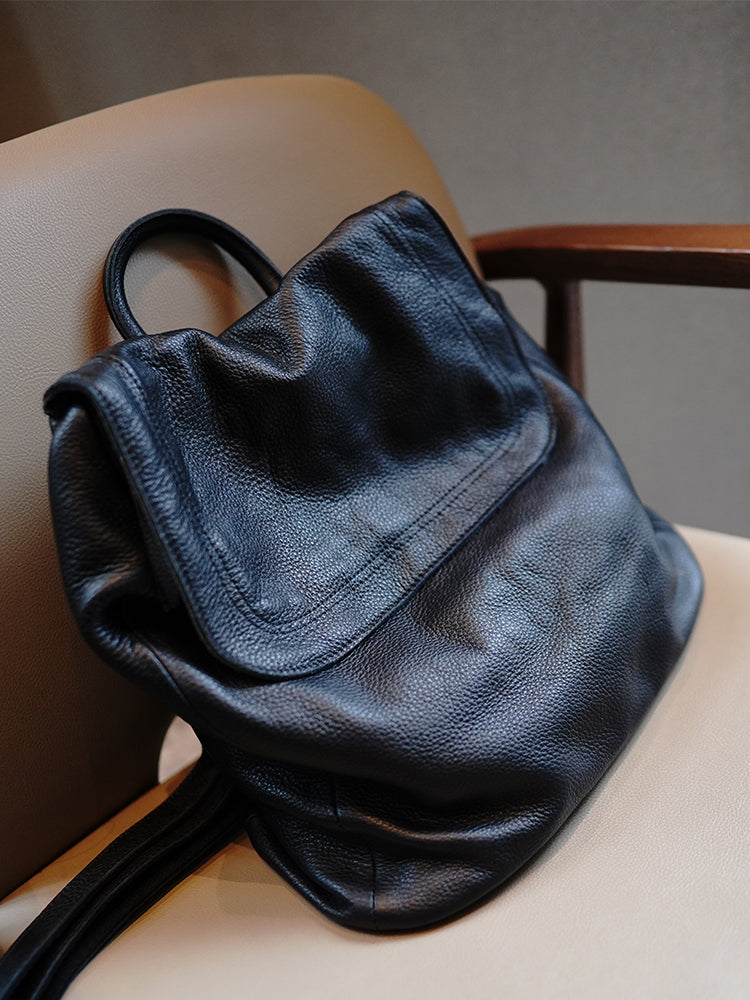 Simple Womens Leather Rucksack Plain Black Backpack For Women