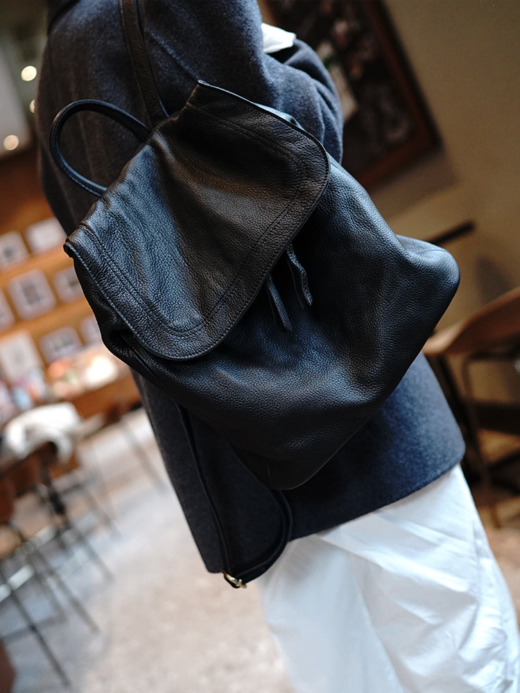 Simple Womens Leather Rucksack Plain Black Backpack For Women