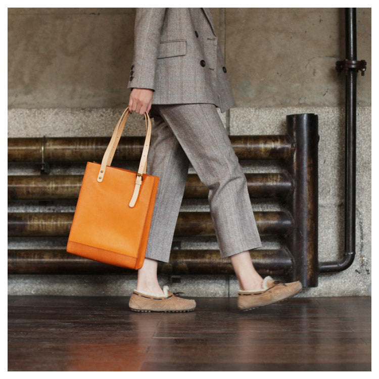 Minimalist Medium Brown Leather Tote Handbags Shoulder Tote Bags for Women