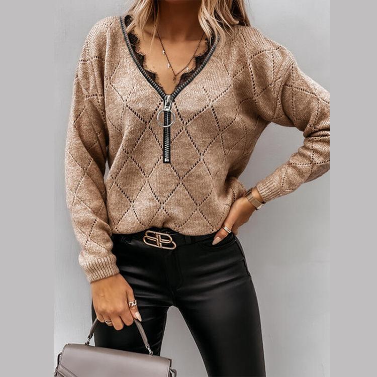 Black Lace Patchwork Zipper Sweater