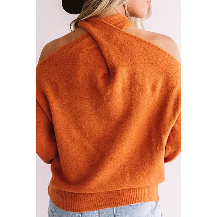 Orange Halter Cold Shoulder Long Sleeve Sweater