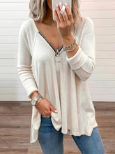 Load image into Gallery viewer, Beige V-neck Zipper Long Sleeve Top
