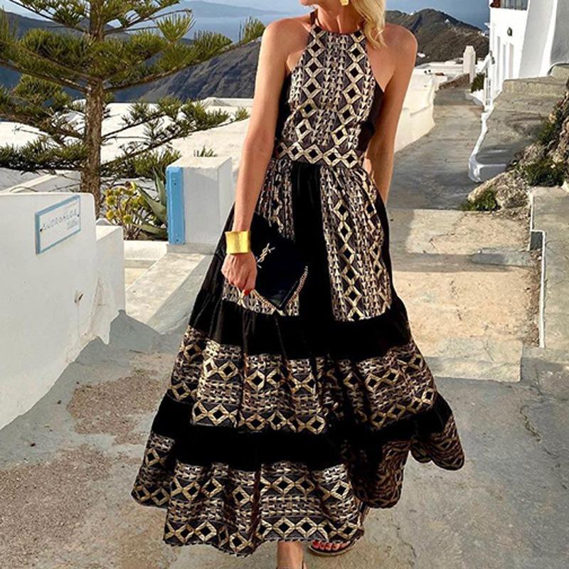 Black Geo Print Halter Tiered Maxi Dress