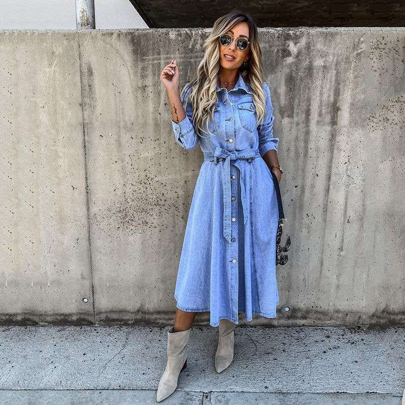 Blue Collar Long Sleeve Buttons Denim Dress