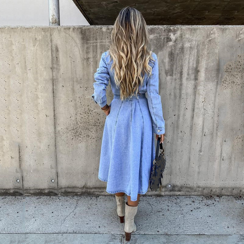 Blue Collar Long Sleeve Buttons Denim Dress
