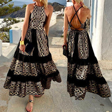 Load image into Gallery viewer, Black Geo Print Halter Tiered Maxi Dress
