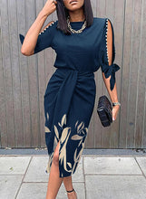 Load image into Gallery viewer, Navy Cold Shoulder Print Pleated Midi Dress
