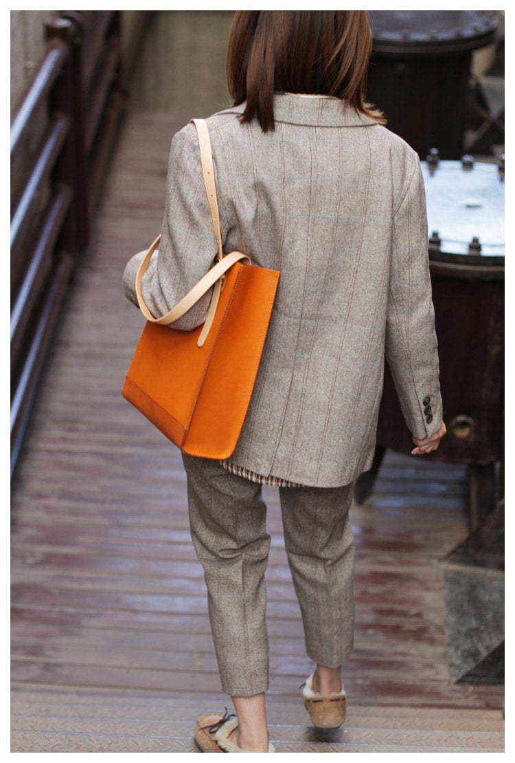 Minimalist Medium Brown Leather Tote Handbags Shoulder Tote Bags for Women