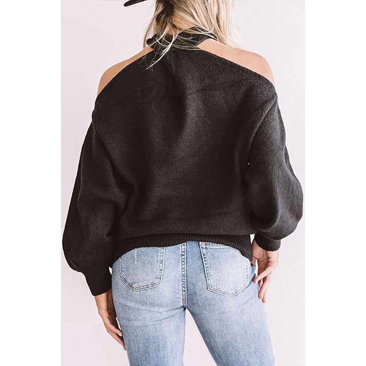 Black Halter Cold Shoulder Long Sleeve Sweater