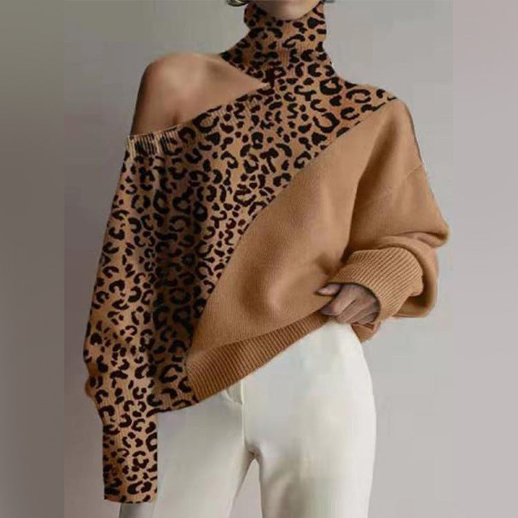 Leopard High Neck Cold Shoulder Sweater