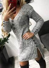 Load image into Gallery viewer, Grey V-neck Buttons Down Mini Sweater Dress
