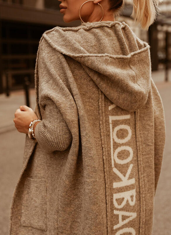 Brown Pockets Hoodied Long Cardigan