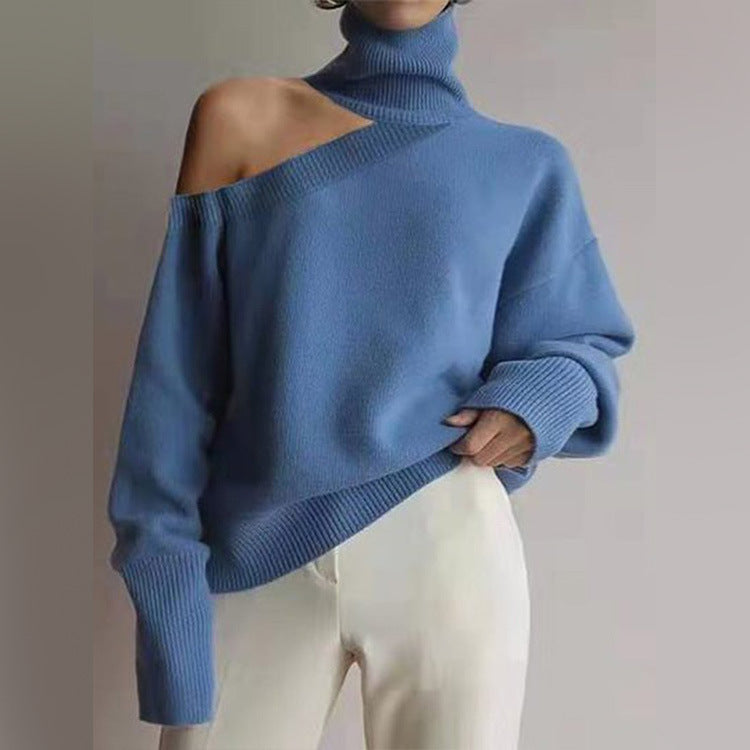 Blue High Neck Cold Shoulder Sweater