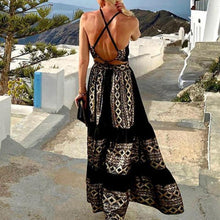 Load image into Gallery viewer, Black Geo Print Halter Tiered Maxi Dress
