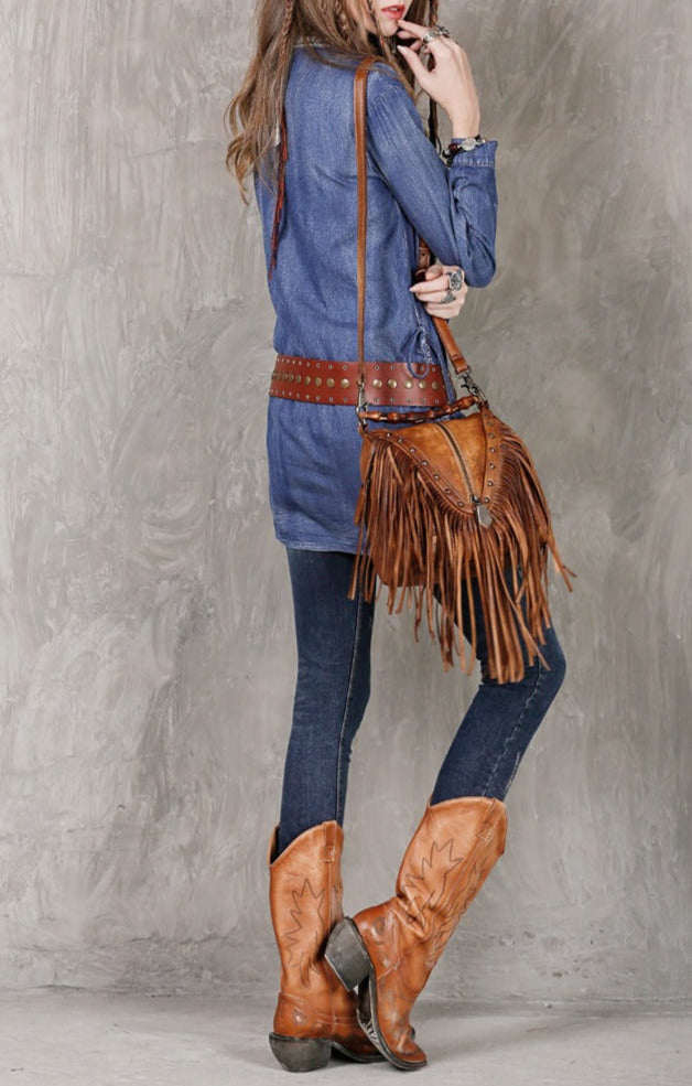 Womens Boho Leather Fringe Crossbody Handbags Small Purses Bags for Women
